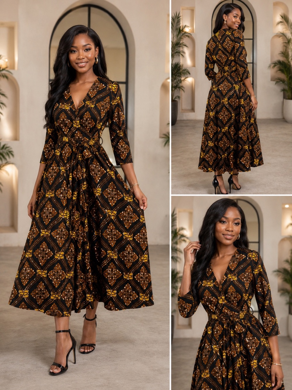 Black & Gold Printed Midi Wrap Dress with Puff Diamond Motif